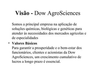 Visão - Dow AgroSciences
  Somos a principal empresa na aplicação de
  soluções químicas, biológicas e genéticas para
  atender às necessidades dos mercados agrícolas e
  de especialidades
• Valores Básicos
  Para garantir a prosperidade e o bem-estar dos
  funcionários, clientes e acionistas da Dow
  AgroSciences, um crescimento cumulativo de
  lucros a longo prazo é essencial.
 