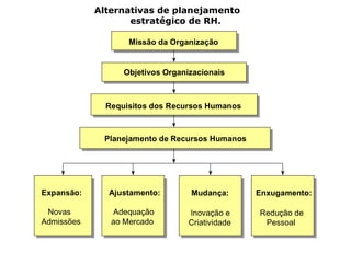 Alternativas de planejamento
                   estratégico de RH.

                   Missão da Organização


                  Objetivos Organizacionais



              Requisitos dos Recursos Humanos



             Planejamento de Recursos Humanos




Expansão:     Ajustamento:        Mudança:       Enxugamento:

 Novas         Adequação          Inovação e     Redução de
Admissões      ao Mercado         Criatividade    Pessoal
 