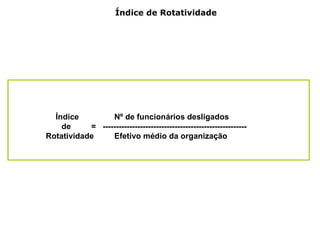 Índice de Rotatividade




  Índice         Nº de funcionários desligados
    de     = ------------------------------------------------------
Rotatividade     Efetivo médio da organização
 