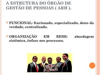 A ESTRUTURA DO ÓRGÃO DE
GESTÃO DE PESSOAS ( ARH ).
 FUNCIONAL: fracionado, especializado, dono da
verdade, centralizado.
 ORGANIZAÇÃO EM REDE: abordagem
sistêmica, ênfase nos processos.
 