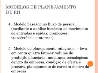 MODELOS DE PLANEJAMENTO
DE RH
4 . Modelo baseado no fluxo de pessoal.
(mediante a análise histórica do movimento
de entradas e saídas, promoções,
transferências internas)
5 . Modelo de planejamento integrado. – leva
em conta quatro fatores: volume de
produção planejada, mudanças tecnológicas
dentro da empresa, condição de oferta e
procura, planejamento de carreira dentro da
empresa
 