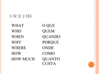 5 W E 2 HS
WHAT
WHO
WHEN
WHY
WHERE
HOW
HOW MUCH
O QUE
QUEM
QUANDO
PORQUE
ONDE
COMO
QUANTO
CUSTA
 