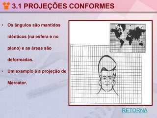 3.1 PROJEÇÕES CONFORMES
• Os ângulos são mantidos

idênticos (na esfera e no
plano) e as áreas são

deformadas.
• Um exemplo é a projeção de
Mercator.

RETORNA

 