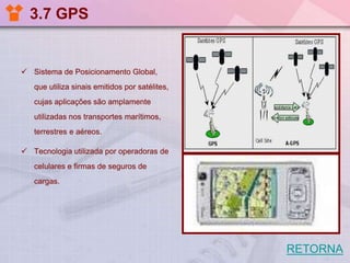 3.7 GPS

 Sistema de Posicionamento Global,
que utiliza sinais emitidos por satélites,
cujas aplicações são amplamente
utilizadas nos transportes marítimos,
terrestres e aéreos.
 Tecnologia utilizada por operadoras de
celulares e firmas de seguros de
cargas.

RETORNA

 