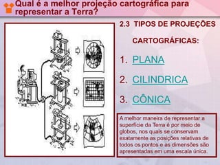 Qual é a melhor projeção cartográfica para
representar a Terra?
2.3 TIPOS DE PROJEÇÕES
CARTOGRÁFICAS:

1. PLANA
2. CILINDRICA
3. CÔNICA
A melhor maneira de representar a
superfície da Terra é por meio de
globos, nos quais se conservam
exatamente as posições relativas de
todos os pontos e as dimensões são
apresentadas em uma escala única.

 