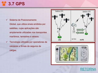 3.7 GPS
 Sistema de Posicionamento
Global, que utiliza sinais emitidos por
satélites, cujas aplicações são
amplamente utilizadas nos transportes
marítimos, terrestres e aéreos.
 Tecnologia utilizada por operadoras de
celulares e firmas de seguros de
cargas.
RETORNA
 