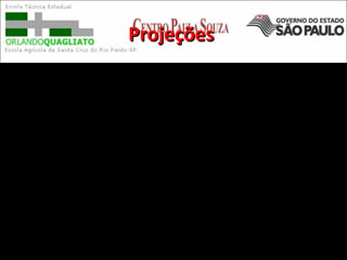ProjeçõesProjeções
Os sistemas de projeções constituem-se de uma
fórmula matemática que transforma as
coordenadas geográficas, a partir de uma
superfície esférica, em coordenadas planas,
mantendo correspondência entre elas.
O uso deste artifício geométrico das projeções
consegue reduzir as deformações, mas nunca
eliminá-las.
 