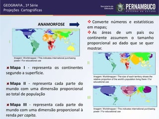 Mapa I - representa os continentes
segundo a superfície.
Mapa II - representa cada parte do
mundo com uma dimensão proporcional
ao total de população
Mapa III - representa cada parte do
mundo com uma dimensão proporcional à
renda per capita.
ANAMORFOSE
GEOGRAFIA , 1ª Série
Projeções Cartográficas
 Converte números e estatísticas
em mapas;
 As áreas de um país ou
continente assumem o tamanho
proporcional ao dado que se quer
mostrar.
I
II
III
Imagem: Worldmapper / This indicates international purchasing
power / For educational use
Imagem: Worldmapper / This indicates international purchasing
power / For educational use
Imagem: Worldmapper / The size of each territory shows the
relative proportion of the world's population living there / For
educational use
 