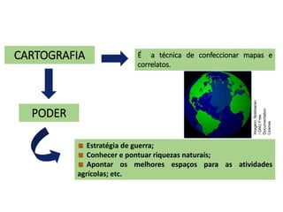 CARTOGRAFIA É a técnica de confeccionar mapas e
correlatos.
PODER
Estratégia de guerra;
Conhecer e pontuar riquezas naturais;
Apontar os melhores espaços para as atividades
agrícolas; etc.
GEOGRAFIA , 1ª Série
Projeções Cartográficas
Imagem:
Noldoaran
/
GNU
Free
Documentation
License
 