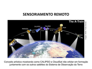 SENSORIAMENTO REMOTO
GEOGRAFIA , 1ª Série
Projeções Cartográficas
Conceito artístico mostrando como CALIPSO e CloudSat irão orbitar em formação
juntamente com os outros satélites do Sistema de Observação da Terra
Imagem:
NASA
/
Public
Domain.
 
