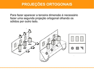 PROJEÇÕES ORTOGONAIS
                                      PROJEÇÕES ORTOGONAIS


Para fazer aparecer a terceira dimensão é necessário
fazer uma segunda projeção ortogonal olhando os
sólidos por outro lado.
 