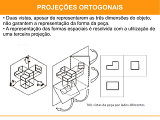 PROJEÇÕES ORTOGONAIS
                                             PROJEÇÕES ORTOGONAIS
• Duas vistas, apesar de representarem as três dimensões do objeto,
não garantem a representação da forma da peça.
• A representação das formas espaciais é resolvida com a utilização de
uma terceira projeção.
 