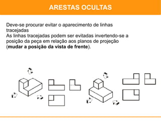Representação de ARESTAS OCULTAS
                 Arestas Ocultas


Deve-se procurar evitar o aparecimento de linhas
tracejadas
As linhas tracejadas podem ser evitadas invertendo-se a
posição da peça em relação aos planos de projeção
(mudar a posição da vista de frente).
 