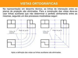 VISTAS ORTOGRÁFICAS
Na representação em desenho técnico, as linhas de interseção entre os
planos de projeção são eliminadas. Para a construção das vistas deve-se
usar linhas auxiliares que irão determinar o perfeito alinhamento entre as
mesmas, segundo um dos processos mostradosa seguir:




        Após a definição das vistas as linhas auxiiliares são eliminadas.
 