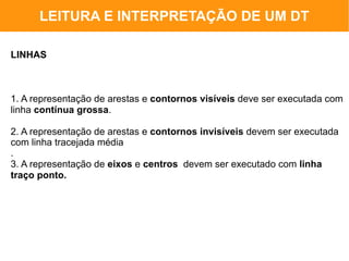 LEITURA E INTERPRETAÇÃO DE UM DT

LINHAS



1. A representação de arestas e contornos visíveis deve ser executada com
linha contínua grossa.

2. A representação de arestas e contornos invisíveis devem ser executada
com linha tracejada média
.
3. A representação de eixos e centros devem ser executado com linha
traço ponto.
 