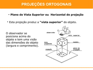PROJEÇÕES ORTOGONAIS
                                         PROJEÇÕES ORTOGONAIS


    ●
        Plano de Vista Superior ou Horizontal de projeção

●
    Esta projeção produz a “vista superior” do objeto.



O observador se
posiciona acima do
objeto e tem uma visão
das dimensões do objeto
(largura e comprimento).
 