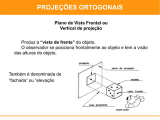 PROJEÇÕES ORTOGONAIS
                                            PROJEÇÕES ORTOGONAIS

                     Plano de Vista Frontal ou
                        Vertical de projeção


     Produz a “vista de frente” do objeto.
     O observador se posiciona frontalmente ao objeto e tem a visão
  das alturas do objeto.



Também é denominada de
“fachada” ou “elevação”
 