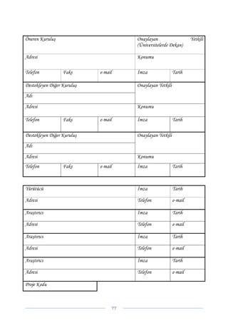 Öneren Kuruluş                             Onaylayan                    Yetkili
                                           (Üniversitelerde Dekan)

Adresi                                     Konumu

Telefon           Faks      e-mail         İmza                Tarih

Destekleyen Diğer Kuruluş                  Onaylayan Yetkili
Adı

Adresi                                     Konumu

Telefon           Faks      e-mail         İmza                Tarih

Destekleyen Diğer Kuruluş                  Onaylayan Yetkili
Adı

Adresi                                     Konumu
Telefon           Faks      e-mail         İmza                Tarih



Yürütücü                                   İmza                Tarih

Adresi                                     Telefon             e-mail

Araştırıcı                                 İmza                Tarih

Adresi                                     Telefon             e-mail

Araştırıcı                                 İmza                Tarih

Adresi                                     Telefon             e-mail

Araştırıcı                                 İmza                Tarih

Adresi                                     Telefon             e-mail

Proje Kodu



                                     77 
 