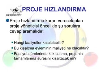 PROJE HIZLANDIRMA
Proje hızlandırma kararı verecek olan
proje yöneticisi öncelikle şu sorulara
cevap aramalıdır:
Hangi faaliyetler kısaltılabilir?
Bu kısaltma eyleminin maliyeti ne olacaktır?
Faaliyet sürelerinde ki kısaltma, projenin
tamamlanma süresini kısaltacak mı?
 