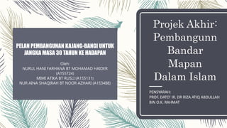 Projek Akhir:
Pembangunn
Bandar
Mapan
Dalam Islam
PENSYARAH:
PROF. DATO’ IR. DR RIZA ATIQ ABDULLAH
BIN O.K. RAHMAT
PELAN PEMBANGUNAN KAJANG-BANGI UNTUK
JANGKA MASA 30 TAHUN KE HADAPAN
Oleh:
NURUL HANI FARHANA BT MOHAMAD HAIDER
(A155724)
MIMI ATIKA BT RUSLI (A155131)
NUR AINA SHAQIRAH BT NOOR AZHARI (A153488)
 
