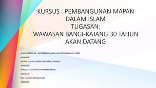 KURSUS : PEMBANGUNAN MAPAN
DALAM ISLAM
TUGASAN:
WAWASAN BANGI-KAJANG 30 TAHUN
AKAN DATANG
AHLI KUMPULAN : MOHAMAD AMIRUL BIN MOHAMMAD YAZID
A148982
MOHD SYAFIQ ASYRAAF BIN MIHD TALMIZI
A160583
AHMAD FADZRAIN BIN AHMAD FARID
A150661
Nur Faraeen binti Zainudin
A149836
 