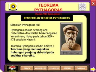 TEOREMA
PYTHAGORAS
Kelas VIII Semester I
Siapakah Pythagoras itu?
x
PENGERTIAN TEOREMA PYTHAGORAS
Pythagoras adalah seorang ahli
matematika dan filsafat berkebangsaan
Yunani yang hidup pada tahun 569 –
475 sebelum Masehi.
Teorema Pythagoras sendiri artinya :
Teorema yang menunjukkan
hubungan panjang sisi-sisi pada
segitiga siku-siku.
( HOME )
PROFIL EVALUASIMATERIKURIKULUM PETA KONSEP
 