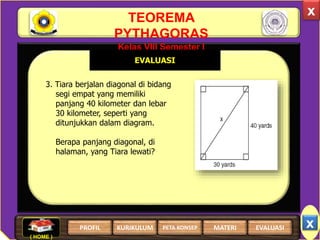 TEOREMA
PYTHAGORAS
Kelas VIII Semester I
x
EVALUASI
3. Tiara berjalan diagonal di bidang
segi empat yang memiliki
panjang 40 kilometer dan lebar
30 kilometer, seperti yang
ditunjukkan dalam diagram.
Berapa panjang diagonal, di
halaman, yang Tiara lewati?
x
( HOME )
PROFIL EVALUASIMATERIKURIKULUM PETA KONSEP
 