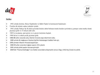 Tarihçe
1983 yılında üretime, Derya Taşdelenler ve Şükrü Taşkın’ın kurmasıyla başlamıştır.
Üretilen ilk ürünler sadece erkekler içindir.
1983 yılında Türkiye’de ilk defa içerisinde kokulu sabun bulunan teneke kutular içerisinde iç çamaşırı satan marka olarak
piyasaya girdi ve 15 milyon adet sattı.
1985’te ise pijama, spor giyim ve ev giysisi üretimine başladı.
1988’de kız ve erkek çocuk giyimine girdi.
1986‐88 yılları arasında satış rekorları kırarak vergi rekortmeni oldu.
1989 yılında ilk mağazasını İstanbul Şişli’de Halaskargazi Caddesi’nde açtı.
1990 yılından itibaren ihracata başlamıştır.
1989‐99 yılları arasında mağaza sayısını 25’e çıkardı.
1995 yılında şirket payları borsaya girmiştir.
2004'teki "finansal darboğaz" ve ortaklar arasındaki anlaşmazlık sonucu Dagi, Urfalı Koç Grubu'na satıldı.
10
 