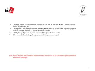 2004’ten itibaren 2013 yılına kadar; Azerbaycan, Fas, Irak, Kazakistan, Kıbrıs, Lübnan, Rusya ve
Suriye’ de mağazalar açtı.
2004 yılında Dagi’yi bünyesine alan Urfalı Koç Grubu; markayı 3 yılda %960 büyüme sağlayarak
değerini 3 milyon dolardan 32 milyon dolara yükseltmiştir.
2014 yılına geldiğimizde Dagi’nin toplamda 74 mağazası bulunmaktadır.
2014 yılının başlarında Dagi, Avrupa’ya açılmak için yatırımlara başladı.
( Bu bilgiler Dagi’nin Halkla ilişkiler müdürü Semra Köseer ile 30.10.2014 tarihinde yapılan görüşmeler
sonucu elde edilmiştir.)
11
 