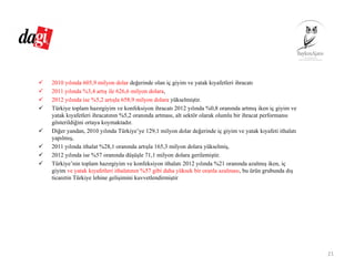2010 yılında 605,9 milyon dolar değerinde olan iç giyim ve yatak kıyafetleri ihracatı
2011 yılında %3,4 artış ile 626,6 milyon dolara,
2012 yılında ise %5,2 artışla 658,9 milyon dolara yükselmiştir.
Türkiye toplam hazırgiyim ve konfeksiyon ihracatı 2012 yılında %0,8 oranında artmış iken iç giyim ve
yatak kıyafetleri ihracatının %5,2 oranında artması, alt sektör olarak olumlu bir ihracat performansı
gösterildiğini ortaya koymaktadır.
Diğer yandan, 2010 yılında Türkiye’ye 129,1 milyon dolar değerinde iç giyim ve yatak kıyafeti ithalatı
yapılmış,
2011 yılında ithalat %28,1 oranında artışla 165,3 milyon dolara yükselmiş,
2012 yılında ise %57 oranında düşüşle 71,1 milyon dolara gerilemiştir.
Türkiye’nin toplam hazırgiyim ve konfeksiyon ithalatı 2012 yılında %21 oranında azalmış iken, iç
giyim ve yatak kıyafetleri ithalatının %57 gibi daha yüksek bir oranla azalması, bu ürün grubunda dış
ticaretin Türkiye lehine gelişimini kuvvetlendirmiştir
21
 