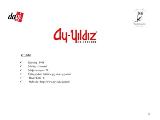 ay-yıldız
Kuruluş : 1958
Merkez : İstanbul
Mağaza sayısı : 29
Ürün grubu : bikini,iç giyim,ev giysileri
Hedef kitle : b
Web site : http://www.ayyildiz.com.tr/
31
 