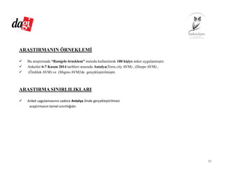 ARAŞTIRMANIN ÖRNEKLEMİ
Bu araştırmada “Rastgele örneklem” metodu kullanılarak 100 kişiye anket uygulanmıştır.
Anketler 6-7 Kasım 2014 tarihleri arasında Antalya(Terra city AVM) , (Deepo AVM) ,
(Özdilek AVM) ve (Migros AVM)'de gerçekleştirilmiştir.
ARAŞTIRMA SINIRLILIKLARI
Anket uygulamasının sadece Antalya ilinde gerçekleştirilmesi
araştırmanın temel sınırlılığıdır.
39
 