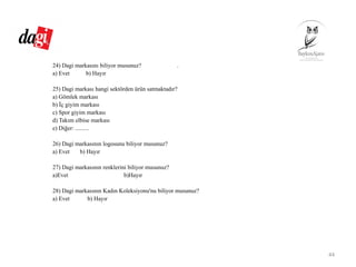 24) Dagi markasını biliyor musunuz? .
a) Evet b) Hayır
25) Dagi markası hangi sektörden ürün satmaktadır?
a) Gömlek markası
b) İç giyim markası
c) Spor giyim markası
d) Takım elbise markası
e) Diğer: .........
26) Dagi markasının logosunu biliyor musunuz?
a) Evet b) Hayır
27) Dagi markasının renklerini biliyor musunuz?
a)Evet b)Hayır
28) Dagi markasının Kadın Koleksiyonu'nu biliyor musunuz?
a) Evet b) Hayır
44
 