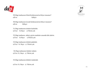 29) Dagi markasının Erkek Koleksiyonu'nu biliyor musunuz?
a)Evet b)Hayır
30) Dagi markasının Çocuk Koleksiyonu'nu biliyor musunuz?
a)Evet b)Hayır
31) Dagi markasının ürünleri kalitelidir.
a) Evet b) Hayır c) Fikrim yok
32) Dagi markasını, rakip iç giyim markaları arasında fark ederim.
a) Evet b) Hayır c) Fikrim yok
33) Dagi markasının ürünleri pahalıdır.
a) Evet b) Hayır c) Fikrim yok
34) Dagi markasının ürünleri rahattır.
a) Evet b) Hayır c) Fikrim yok
35) Dagi markasının ürünleri moderndir.
a) Evet b) Hayır c) Fikrim yok
45
 