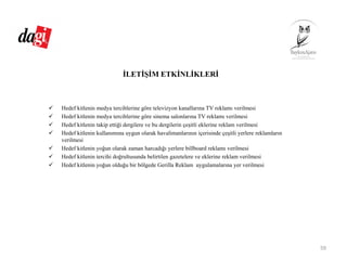 İLETİŞİM ETKİNLİKLERİ
Hedef kitlenin medya tercihlerine göre televizyon kanallarına TV reklamı verilmesi
Hedef kitlenin medya tercihlerine göre sinema salonlarına TV reklamı verilmesi
Hedef kitlenin takip ettiği dergilere ve bu dergilerin çeşitli eklerine reklam verilmesi
Hedef kitlenin kullanımına uygun olarak havalimanlarının içerisinde çeşitli yerlere reklamların
verilmesi
Hedef kitlenin yoğun olarak zaman harcadığı yerlere billboard reklamı verilmesi
Hedef kitlenin tercihi doğrultusunda belirtilen gazetelere ve eklerine reklam verilmesi
Hedef kitlenin yoğun olduğu bir bölgede Gerilla Reklam uygulamalarına yer verilmesi
59
 