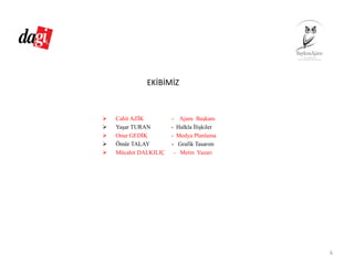 EKİBİMİZ
Cahit AZİK - Ajans Başkanı
Yaşar TURAN - Halkla İlişkiler
Onur GEDİK - Medya Planlama
Ömür TALAY - Grafik Tasarım
Mücahit DALKILIÇ - Metin Yazarı
6
 