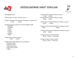 DEĞERLENDİRME ANKET SORULARI
98
1)Demografik sorular
2)Aklınıza gelen ilk iç giyim markasını yazınız: .........
3)İç giyim alışverişlerinizde sürekli tercih ettiğiniz bir marka var mı?
a) Evet               b) Hayır
4) İç giyim markanızı seçerken en çok tercih ettiğiniz özellik 
hangisidir?
a) Rahatlık    
b) Fiyat    
c) Kalite  
d) Güven  
e) Marka
f) Diğer: .........
5) Dagi markasını biliyor musunuz?
a) Evet           b) Hayır
6) Dagi markası hangi sektörden ürün satmaktadır?
a) Gömlek markası   
b) İç giyim markası 
c) Spor giyim markası
d)Takım elbise markası 
e) Diğer: .........
7) Dagi markasının logosunu biliyor musunuz?
a) Evet       b) Hayır
8) Dagi markasının renklerini biliyor musunuz?
a)Evet        b)Hayır
9) Dagi markasının Kadın Koleksiyonu'nu biliyor musunuz?
a) Evet            b) Hayır
10) Dagi markasının Erkek Koleksiyonu'nu biliyor musunuz?
a)Evet b)Hayır
11) Dagi markasının Çocuk Koleksiyonu'nu biliyor musunuz?
a)Evet       b)Hayır
12) Dagi markasının ürünleri kalitelidir.
a) Evet     b) Hayır     c) Fikrim yok
13) Dagi markasının ürünleri rahattır.
a) Evet  b)  Hayır   c)  Fikrim yok
 