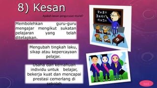 Membolehkan guru-guru
mengajar mengikut sukatan
pelajaran yang telah
ditetapkan.
Mengubah tingkah laku,
sikap atau kepercayaan
pelajar.
Usaha dan kemahuan
individu untuk belajar,
bekerja kuat dan mencapai
prestasi cemerlang di
sekolah back
Apakah kesan pengurusan murid?
 