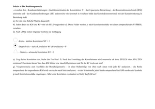 Schritt 6: Die Beziehungsmatrix
- zwischen den – Kundenanforderungen - Qualitätsmerkmalen der Konstruktion durch paarweise Betrachtung: - der Konstruktionsmerkmale (KM)
einerseits und - der Kundenanforderungen (KF) andererseits wird ermittelt in welchem Maße das Konstruktionsmerkmal mit der Kundenforderung in
Beziehung steht.
a). Es wird eine Tabelle/ Matrix dargestellt
b). Jedem Paar aus KM und KF wird ein FELD zugeordnet c). Diese Felder werden je nach Korrelationsstärke mit einem entsprechenden SYMBOL
versehen
d). Nach [ASI]1 stehen folgende Symbole zur Verfügung



     - Kreis – mittlere Korrelation WF = 3

     - Doppelkreis – starke Korrelation WF (Wertefaktor) = 9

      - Dreieck – schwache Korrelation WF = 1


e). Liegt keine Korrelation vor, bleibt das Feld leer! f). Nach der Ermittlung der Korrelationen wird untersucht ob leere ZEILEN oder SPALTEN
existieren! Das deutet darauf hin, dass KM fehlen bzw. dass KM existieren und für die KF irrelevant sind!
g). Vorgehensweise zum Ausfüllen der Beziehungsmatrix: - in einer Reihenfolge von oben nach unten wird jede KF analysiert; - die Reihe
entsprechend der zugeordneten KM wird von rechts nach links analysiert; - in der Schnittstelle jeder Spalte entsprechend der KM werden die Symbole
je nach Korrelationsstärke eingetragen - falls keine Korrelation vorhanden ist, bleibt das Feld leer!
 