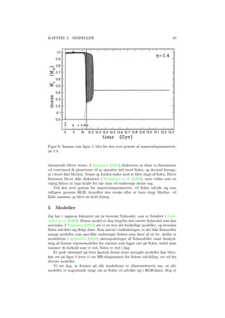 KAPITEL 5. MODELLER 10
Figur 6: Samme som gur 4, blot for den øvre grænse af massetabsparametret,
på 1.4.
tilsvarende bliver større. I Jørgensen (1991) diskuteres at disse to fænomener
vil tværtimod få planeterne til at spiralere ind imod Solen, og dermed forsage,
at i hvert fald Merkur, Venus og Jorden ender med at blive slugt af Solen. Dette
fænomen bliver ikke diskuteret i Sackmann et al. (1993), men virker som en
vigtig faktor at tage højde for når man vil undersøge denne sag.
Ved den øvre grænse for massetabsparametret, vil Solen udvide sig som
tidligere gennem RGB, hvorefter den straks efter at have slugt Merkur, vil
falde sammen og blive en hvid dværg.
5 Modeller
Jeg har i opgaven fokuseret på én bestemt Solmodel, som er fremført i Sack-
mann et al. (1993). Denne model er dog langtfra den eneste Solmodel som kan
anvendes. I Jørgensen (1991) ser vi en stor del forskellige modeller, og hvordan
Solen udvikler sig ifølge disse. Som nævnt i indledningen, er der ikke fremstillet
mange modeller som specikt undersøger Solens sene faser af sit liv, derfor er
modellerne i Jørgensen (1991) ekstrapoleringer af Solmodeller samt forskyd-
ning af diverse stjernemodeller for stjerner som ligger tæt på Solen, indtil man
rammer de forhold som vi ved, Solen er ved i dag.
Et godt eksempel på hvor kaotisk denne store mængde modeller kan blive,
kan ses på gur 9 hvor vi ser HR-diagrammet for Solens udvikling, set ud fra
diverse modeller.
Vi ser dog, at formen på alle modellerne er tilnærmelsesvis ens, så alle
modeller er nogenlunde enige om at Solen vil udvikle sig i RGB-fasen. Dog er
 