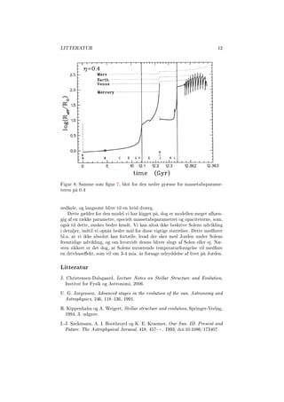 LITTERATUR 12
Figur 8: Samme som gur 7, blot for den nedre grænse for massetabsparame-
teren på 0.4
nedkøle, og langsomt blive til en hvid dværg.
Dette gælder for den model vi har kigget på, dog er modellen meget afhæn-
gig af en række parametre, specielt massetabsparametret og opaciteterne, som,
også til dette, ønskes bedre kendt. Vi kan altså ikke beskrive Solens udvikling
i detaljer, indtil vi opnår bedre mål for disse vigtige størrelser. Dette medfører
bl.a. at vi ikke absolut kan fortælle, hvad der sker med Jorden under Solens
fremtidige udvikling, og om hvorvidt denne bliver slugt af Solen eller ej. Næ-
sten sikkert er det dog, at Solens nuværende temperaturforøgelse vil medføre
en drivhuseekt, som vil om 3-4 mia. år forsage udryddelse af livet på Jorden.
Litteratur
J. Christensen-Dalsgaard, Lecture Notes on Stellar Structure and Evolution,
Institut for Fysik og Astronomi, 2006.
U. G. Jørgensen, Advanced stages in the evolution of the sun. Astronomy and
Astrophysics, 246, 118136, 1991.
R. Kippenhahn og A. Weigert, Stellar structure and evolution, Springer-Verlag,
1994, 3. udgave.
I.-J. Sackmann, A. I. Boothroyd og K. E. Kraemer, Our Sun. III. Present and
Future. The Astrophysical Jorunal, 418, 457+, 1993, doi:10.1086/173407.
 