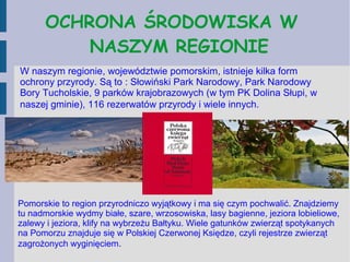OCHRONA ŚRODOWISKA W
NASZYM REGIONIE
W naszym regionie, województwie pomorskim, istnieje kilka form
ochrony przyrody. Są to : Słowiński Park Narodowy, Park Narodowy
Bory Tucholskie, 9 parków krajobrazowych (w tym PK Dolina Słupi, w
naszej gminie), 116 rezerwatów przyrody i wiele innych.
Pomorskie to region przyrodniczo wyjątkowy i ma się czym pochwalić. Znajdziemy
tu nadmorskie wydmy białe, szare, wrzosowiska, lasy bagienne, jeziora lobieliowe,
zalewy i jeziora, klify na wybrzeżu Bałtyku. Wiele gatunków zwierząt spotykanych
na Pomorzu znajduje się w Polskiej Czerwonej Księdze, czyli rejestrze zwierząt
zagrożonych wyginięciem.
 