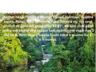 Zona e pyjeve të përziera shtrihet nën zonën e tajgave.. Në
këtë zonë përzihen drunjët gjethëmbajtës dhe gjetherënës,
përveç pisha e breut, ahu, bungu frashëri, bliri ëtj. Kjo zonë
shtrihet në : Britaninë e Madhe, Francë, Gjermani, Suedinë
Jugore, Poloni, Rusi Qendrore, Alpe, Karpate etj. Kjo zonë
shtrihet në gjerësitë gjeografike 45-55°. Në këtë zonë pyjet
janë prerë shumë dhe ato zën tash sipërfaqe të vogël mes 5
dhe 10 %. Ndër tipat e tokave hasen tokat e murme me 5-
6 % humus.
 