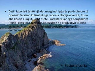 • Deti i Japonisë është një det margjinal i pjesës perëndimore të
Oqeanit Paqësor. Kufizohet nga Japonia, Koreja e Veriut, Rusia
dhe Koreja e Jugut. Detit është i karakterizuar nga përqendrim
i lartë i oksigjenit të tretur që rezulton në produktivit të lartë
biologjik. Prandaj, peshkimi është aktiviteti ekonomik
dominues në rajon.
• Fatjona Lorja
 