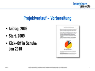 Projektverlauf - Vorbereitung
  ●        Antrag: 2008
  ●        Start: 2009
  ●        Kick-Off in Schule:
           Jan 2010


11.03.13                  Mobile Learning zur Unterstützung der Ausbildung zum Elektroniker / zur Elektronikerin   6
 
