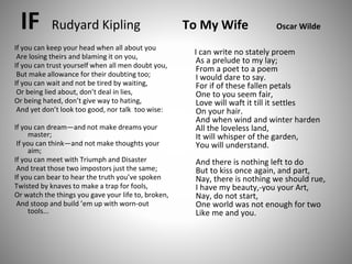 IF Rudyard Kipling
If you can keep your head when all about you
Are losing theirs and blaming it on you,
If you can trust yourself when all men doubt you,
But make allowance for their doubting too;
If you can wait and not be tired by waiting,
Or being lied about, don’t deal in lies,
Or being hated, don’t give way to hating,
And yet don’t look too good, nor talk too wise:
If you can dream—and not make dreams your
master;
If you can think—and not make thoughts your
aim;
If you can meet with Triumph and Disaster
And treat those two impostors just the same;
If you can bear to hear the truth you’ve spoken
Twisted by knaves to make a trap for fools,
Or watch the things you gave your life to, broken,
And stoop and build ’em up with worn-out
tools...
To My Wife Oscar Wilde
I can write no stately proem
As a prelude to my lay;
From a poet to a poem
I would dare to say.
For if of these fallen petals
One to you seem fair,
Love will waft it till it settles
On your hair.
And when wind and winter harden
All the loveless land,
It will whisper of the garden,
You will understand.
And there is nothing left to do
But to kiss once again, and part,
Nay, there is nothing we should rue,
I have my beauty,-you your Art,
Nay, do not start,
One world was not enough for two
Like me and you.
 