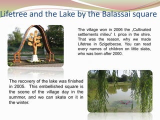 Lifetree and the Lake by the Balassai square
                                    The village won in 2006 the „Cultivated
                                    settlements milieu” I. price in the shire.
                                    That was the reason, why we made
                                    Lifetree in Szigetbecse. You can read
                                    every names of children on little slabs,
                                    who was born after 2000.




  The recovery of the lake was finished
  in 2005. This embellished square is
  the scene of the village day in the
  summer, and we can skate on it in
  the winter.
 