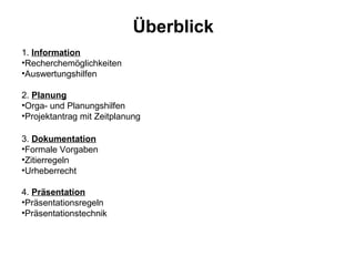 Überblick 
1. Information 
•Recherchemöglichkeiten 
•Auswertungshilfen 
2. Planung 
•Orga- und Planungshilfen 
•Projektantrag mit Zeitplanung 
3. Dokumentation 
•Formale Vorgaben 
•Zitierregeln 
•Urheberrecht 
4. Präsentation 
•Präsentationsregeln 
•Präsentationstechnik 
 