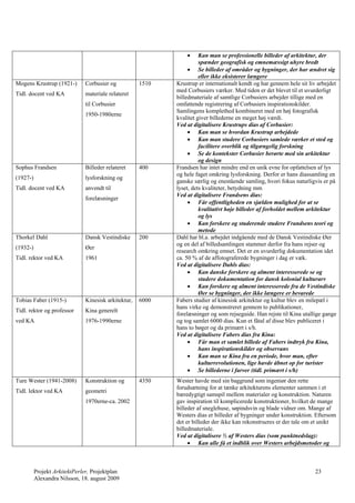      Kan man se professionelle billeder af arkitektur, der
                                                                       spænder geografisk og emnemæssigt uhyre bredt
                                                                   Se billeder af områder og bygninger, der har ændret sig
                                                                       eller ikke eksisterer længere
Mogens Krustrup (1921-)        Corbusier og           1510   Krustrup er internationalt kendt og har gennem hele sit liv arbejdet
                                                             med Corbusiers værker. Med tiden er det blevet til et uvurderligt
Tidl. docent ved KA            materiale relateret
                                                             billedmateriale af samtlige Corbusiers arbejder tillige med en
                               til Corbusier                 omfattende registrering af Corbusiers inspirationskilder.
                                                             Samlingens komplethed kombineret med en høj fotografisk
                               1950-1980erne
                                                             kvalitet giver billederne en meget høj værdi.
                                                             Ved at digitalisere Krustrups dias af Corbusier:
                                                                   Kan man se hvordan Krustrup arbejdede
                                                                   Kan man studere Corbusiers samlede værker et sted og
                                                                       facilitere overblik og tilgængelig forskning
                                                                   Se de kontekster Corbusier berørte med sin arkitektur
                                                                       og design
Sophus Frandsen                Billeder relateret     400    Frandsen har intet mindre end en unik evne for opfattelsen af lys
                                                             og hele faget omkring lysforskning. Derfor er hans diassamling en
(1927-)                        lysforskning og
                                                             ganske særlig og enestående samling, hvori fokus naturligvis er på
Tidl. docent ved KA            anvendt til                   lyset, dets kvaliteter, betydning mm
                                                             Ved at digitalisere Frandsens dias:
                               forelæsninger
                                                                   Får offentligheden en sjælden mulighed for at se
                                                                       kvalitativt høje billeder af forholdet mellem arkitektur
                                                                       og lys
                                                                   Kan forskere og studerende studere Frandsens teori og
                                                                       metode
Thorkel Dahl                   Dansk Vestindiske      200    Dahl har bl.a. arbejdet indgående med de Dansk Vestindiske Øer
                                                             og en del af billedsamlingen stammer derfor fra hans rejser og
(1932-)                        Øer
                                                             research omkring emnet. Det er en uvurderlig dokumentation idet
Tidl. rektor ved KA            1961                          ca. 50 % af de affotograferede bygninger i dag er væk.
                                                             Ved at digitalisere Dahls dias:
                                                                   Kan danske forskere og alment interesserede se og
                                                                       studere dokumentation for dansk kolonial kulturarv
                                                                   Kan forskere og alment interesserede fra de Vestindiske
                                                                       Øer se bygninger, der ikke længere er bevarede
Tobias Faber (1915-)           Kinesisk arkitektur,   6000   Fabers studier af kinesisk arkitektur og kultur blev en milepæl i
                                                             hans virke og demonstreret gennem to publikationer,
Tidl. rektor og professor      Kina generelt
                                                             forelæsninger og som rejseguide. Han rejste til Kina utallige gange
ved KA                         1976-1990erne                 og tog samlet 6000 dias. Kun et fåtal af disse blev publiceret i
                                                             hans to bøger og da primært i s/h.
                                                             Ved at digitalisere Fabers dias fra Kina:
                                                                   Får man et samlet billede af Fabers indtryk fra Kina,
                                                                       hans inspirationskilder og observans
                                                                   Kan man se Kina fra en periode, hvor man, efter
                                                                       kulturrevolutionen, lige havde åbnet op for turister
                                                                   Se billederne i farver (tidl. primært i s/h)
Ture Wester (1941-2008)        Konstruktion og        4350   Wester havde med sin baggrund som ingeniør den rette
                                                             forudsætning for at tænke arkitekturens elementer sammen i et
Tidl. lektor ved KA            geometri
                                                             bæredygtigt samspil mellem materialer og konstruktion. Naturen
                               1970erne-ca. 2002             gav inspiration til komplicerede konstruktioner, hvilket de mange
                                                             billeder af sneglehuse, søpindsvin og blade vidner om. Mange af
                                                             Westers dias er billeder af bygninger under konstruktion. Eftersom
                                                             det er billeder der ikke kan rekonstrueres er der tale om et unikt
                                                             billedmateriale.
                                                             Ved at digitalisere ½ af Westers dias (som punktnedslag):
                                                                   Kan alle få et indblik over Westers arbejdsmetoder og



          Projekt ArkitektPerler, Projektplan                                                                           23
          Alexandra Nilsson, 18. august 2009
 