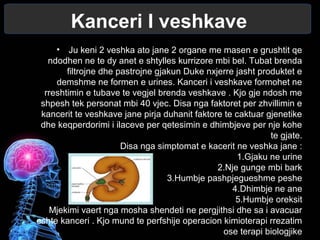 Kanceri I veshkave
• Ju keni 2 veshka ato jane 2 organe me masen e grushtit qe
ndodhen ne te dy anet e shtylles kurrizore mbi bel. Tubat brenda
filtrojne dhe pastrojne gjakun Duke nxjerre jasht produktet e
demshme ne formen e urines. Kanceri i veshkave formohet ne
rreshtimin e tubave te vegjel brenda veshkave . Kjo gje ndosh me
shpesh tek personat mbi 40 vjec. Disa nga faktoret per zhvillimin e
kancerit te veshkave jane pirja duhanit faktore te caktuar gjenetike
dhe keqperdorimi i ilaceve per qetesimin e dhimbjeve per nje kohe
te gjate.
Disa nga simptomat e kacerit ne veshka jane :
1.Gjaku ne urine
2.Nje gunge mbi bark
3.Humbje pashpjegueshme peshe
4.Dhimbje ne ane
5.Humbje oreksit
Mjekimi vaert nga mosha shendeti ne pergjithsi dhe sa i avacuar
eshte kanceri . Kjo mund te perfshije operacion kimioterapi rrezatim
ose terapi biologjike
 